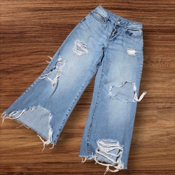 Studio  Blue Thrashed Distressed Button Fly Flare Crop Jeans - Picture 1 of 8